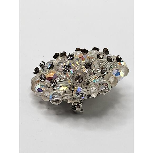 Vintage Crystal Bead Cluster Brooch Clear AB Rhinestone Dome Pin - Picture 5 of 5
